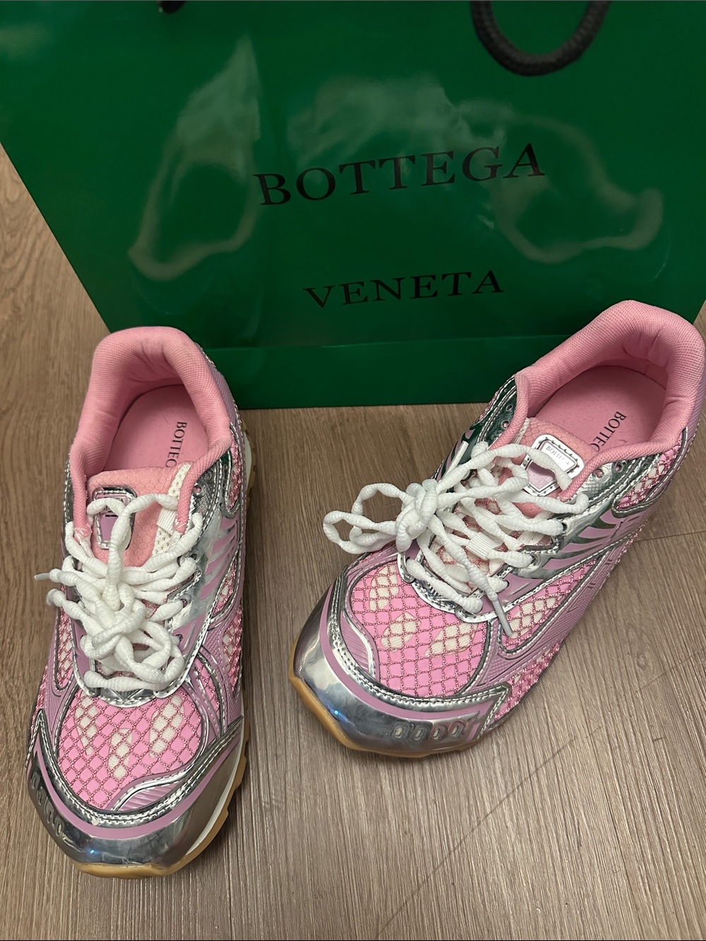 Bottega Veneta Pink Mesh Sneakers with Silver Trim - Picture 5 of 5